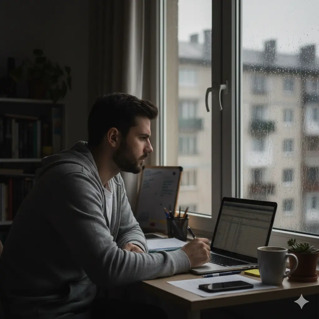  Joven trabajador remoto frustrado en apartamento ciudad anhelando trabajo remoto fuera de la ciudad